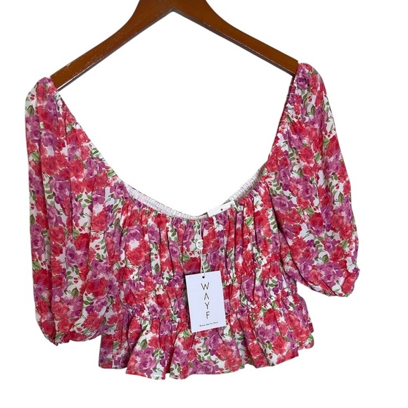 WAYF Avra Pink Red Floral Sweetheart Neckline Cottage Core Peplum Top sz L NWT - Picture 7 of 9